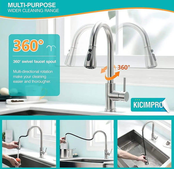#1573 BRUSHED NICKEL PULL-OUT KITCHEN FAUCET WITH DUAL SPRAY HEAD AND STOP FEATURE
