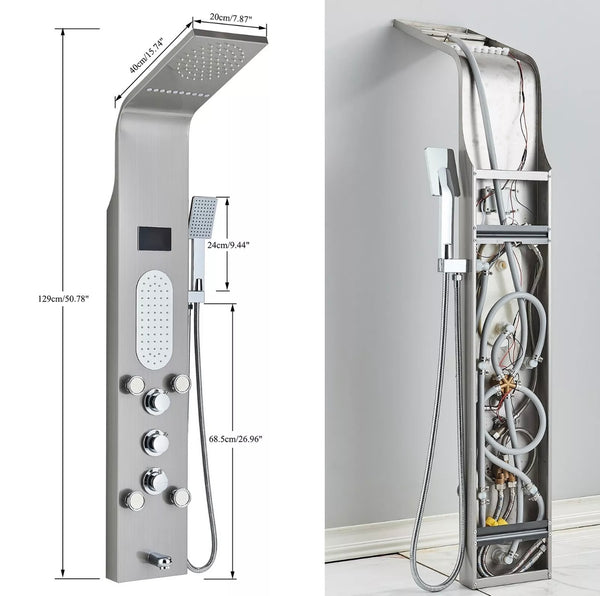 #1280 BRUSHED NICKEL 5 FUNCTION RAINFALL & WATERFALL LED SHOWER PANEL TOWER MASSAGE SPRAY SYSTEM