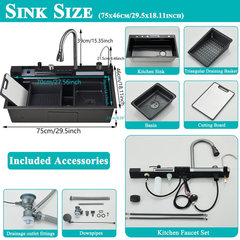 #1542 STAINLESS STEEL SMART LCD TEMP KITCHEN SINK COMBO WITH TAP WATER PULL-OUT FAUCET + PURIFIED WATER FAUCET, SOAP DISPENSER, GLASS RINSER & MULTIPLE ACCESSORIES 29.5”