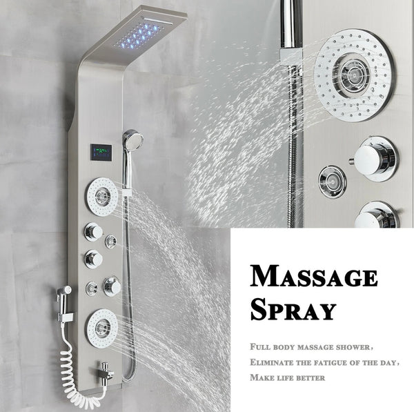 #1270 BRUSHED NICKEL STAINLESS RAINFALL WATERFALL LED SHOWER PANEL TOWER MASSAGE SPRAY SYSTEM