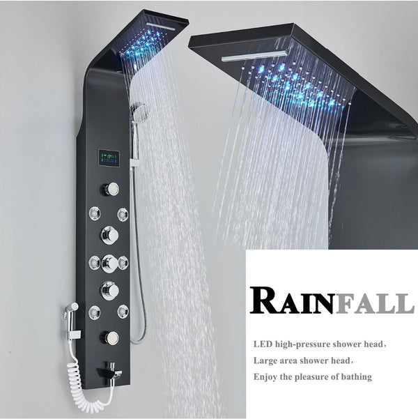 #1286 BLACK STAINLESS STEEL LED 6-FUNCTION SHOWER PANEL RAIN, WATERFALL & JETS