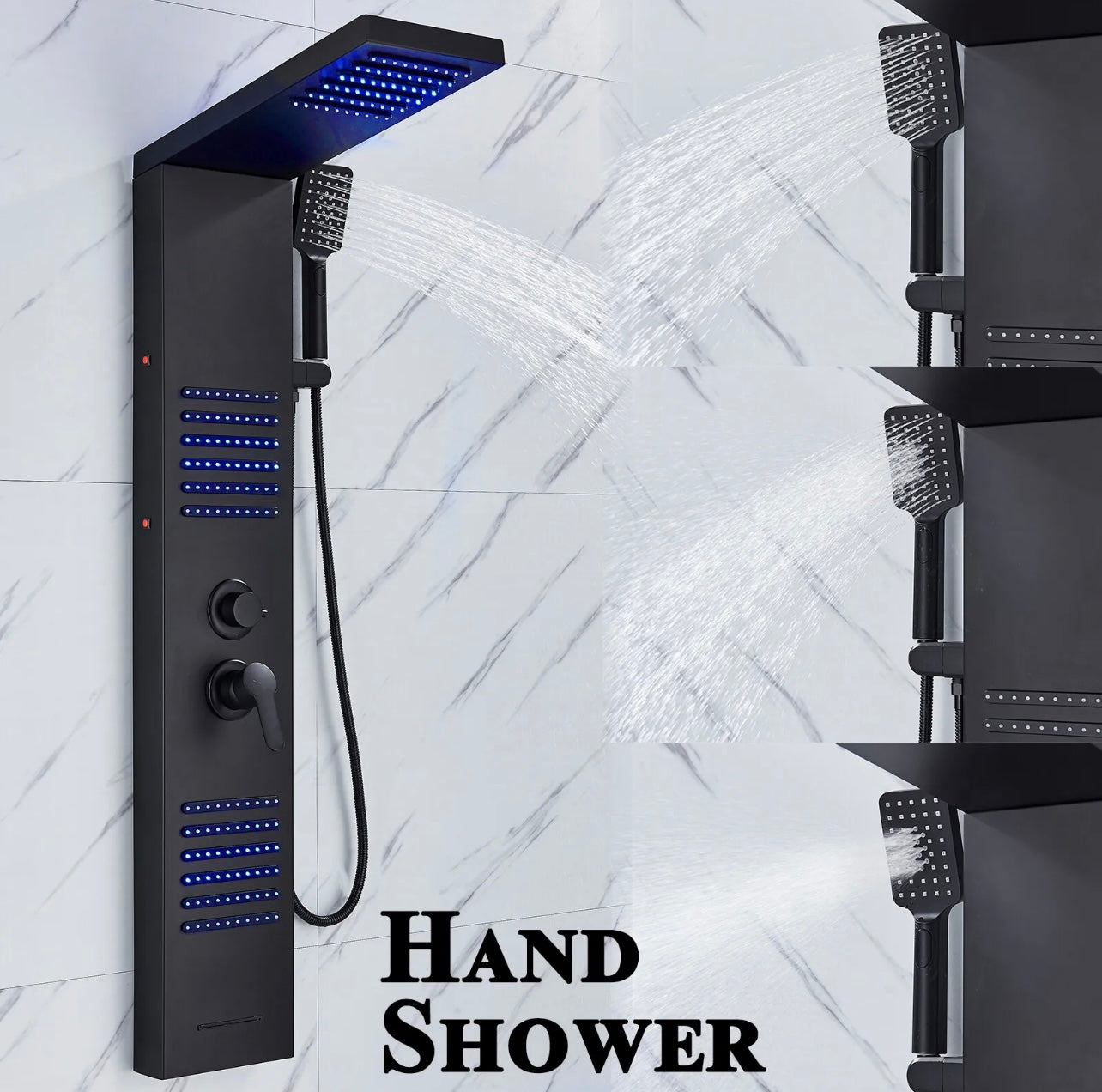 LED Rainfall Shower Panel Tower Massage Shower Faucet System Set Stainless Steel