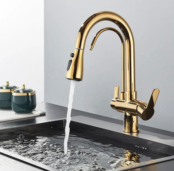 #1559 GOLD PULL-OUT KITCHEN FAUCET WITH DUAL SPRAY HEAD + PURIFIED WATER DISPENSER