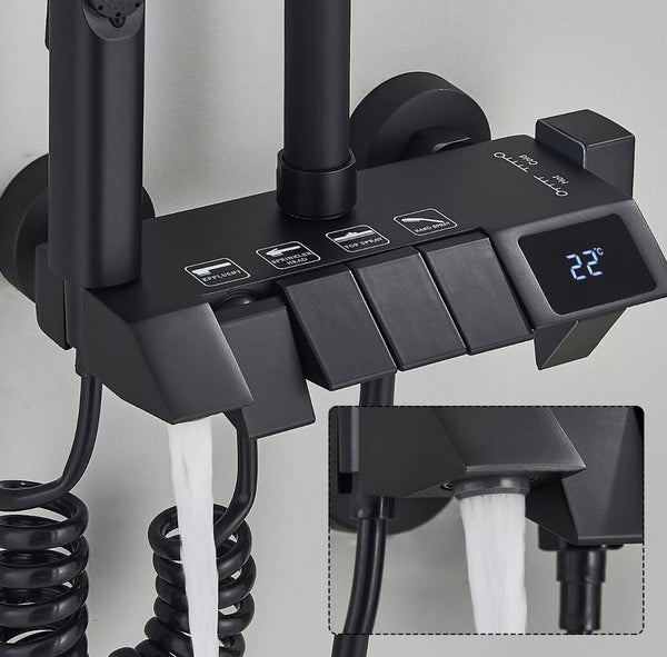 #1167 MATTE BLACK 4 IN 1 EXPOSED SHOWER SYSTEM SET LCD TEMP RAIN SHOWER HEAD COMBO OUTDOOR/INDOOR SHOWER FAUCET FIXTURES