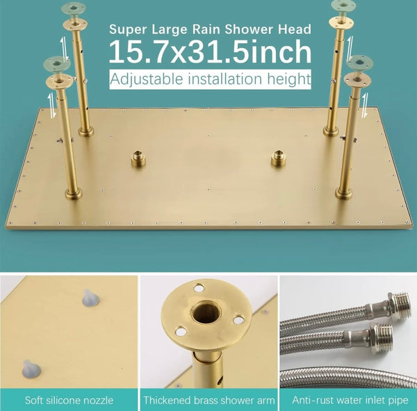 16x32 INCH BRUSHED GOLD LED 3 FUNCTION CEILING MOUNT SHOWER SYSTEM WITH 6x MASSAGE JETS