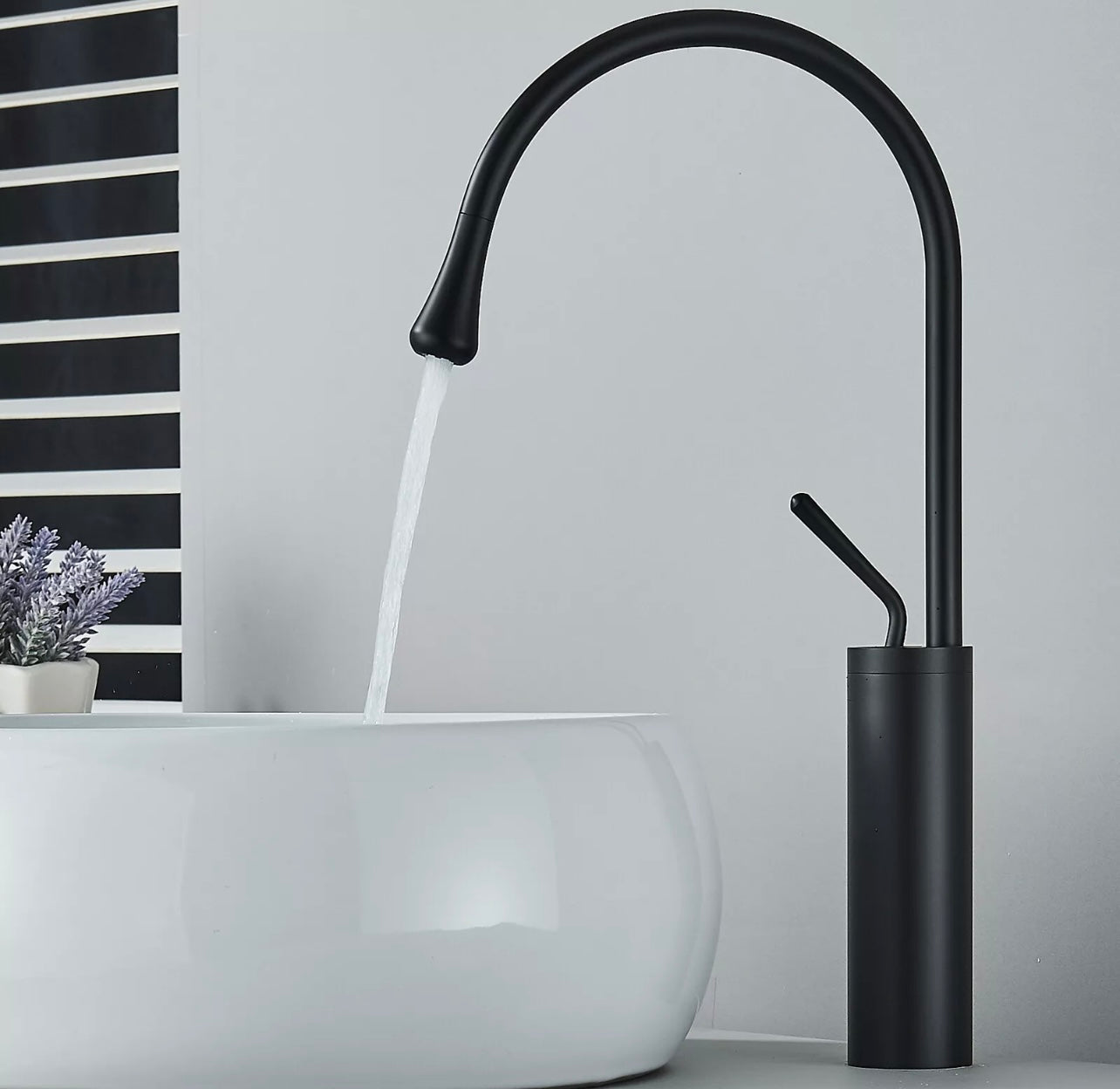 Matt black goose neck waterfall vessel faucet