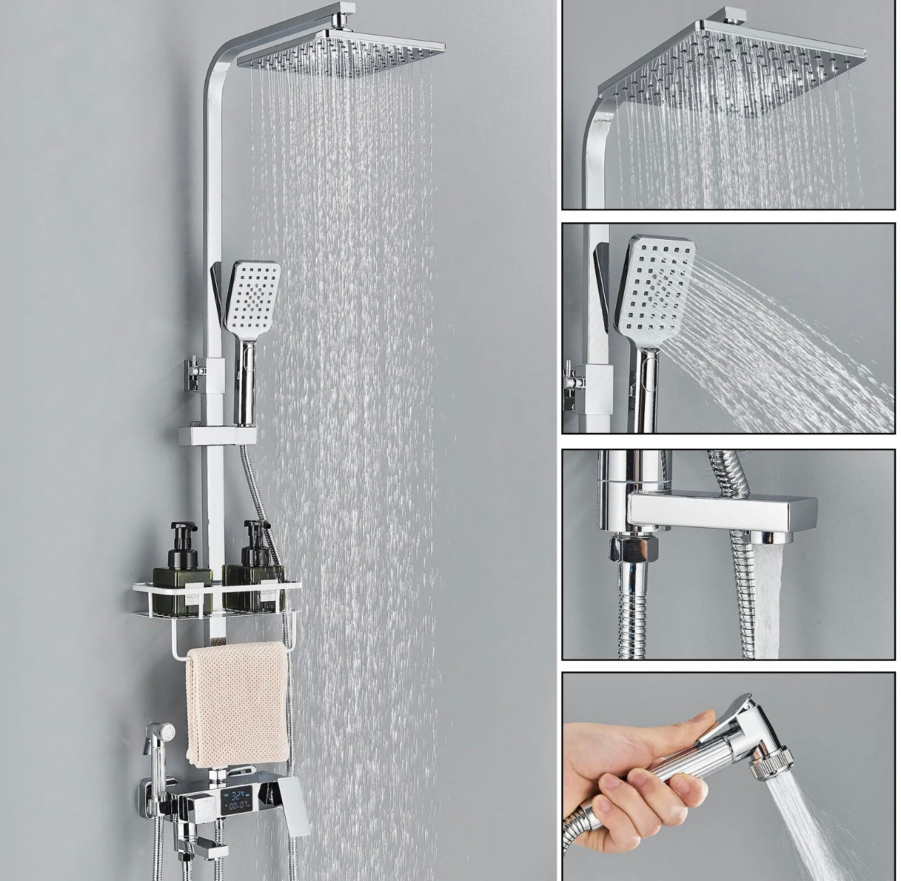 8 Inch 4 in 1 Bathroom Rainfall Shower Faucet Set Exposed Shower System Fixtures Wall Mounted