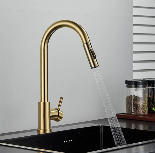 #1566 BRUSHED GOLD PULL-OUT KITCHEN FAUCET WITH DUAL SPRAY HEAD