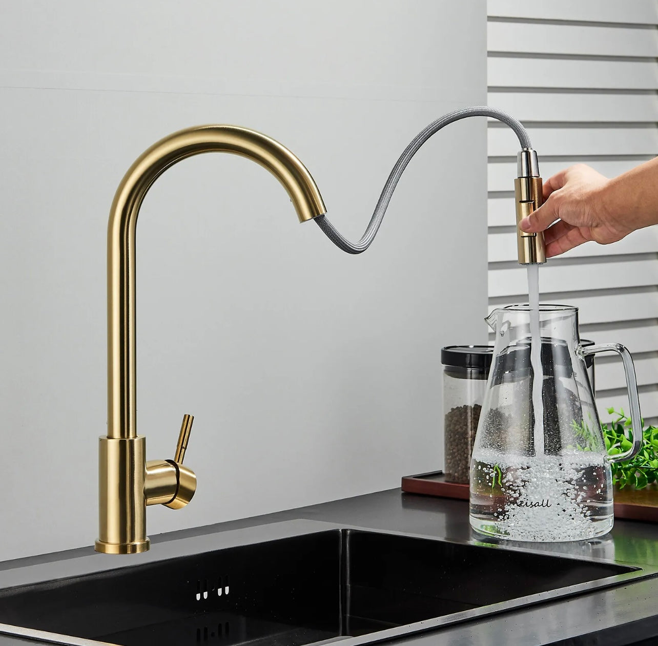 Brushed gold pull out kitchen faucet