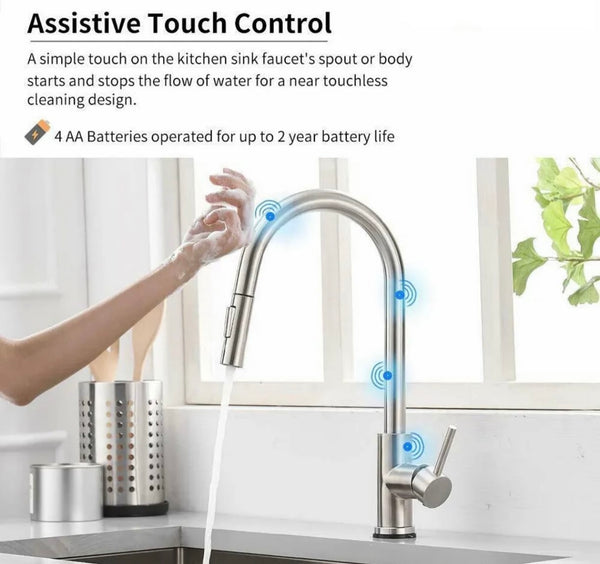 #1571 BRUSHED NICKEL PULL-OUT TOUCH SENSOR KITCHEN FAUCET WITH DUAL SPRAY HEAD