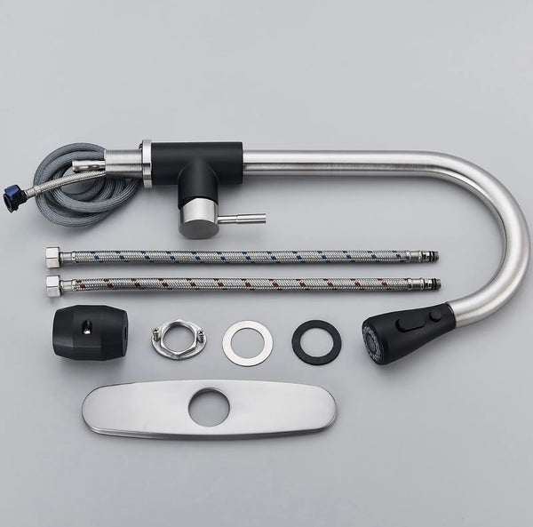 #1574 STAINLESS STEEL & BLACK PULL-OUT KITCHEN FAUCET WITH DUAL SPRAY HEAD & PAUSED FEATURE