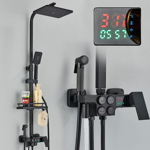 #1181 MATTE BLACK 4 IN 1 LCD TEMP BUTTON PRESS EXPOSED SHOWER SYSTEM