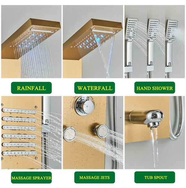 Stainless Steel LED Shower Panel 5-Funtion Tower Rain&Waterfall Massage Jets System Mixer