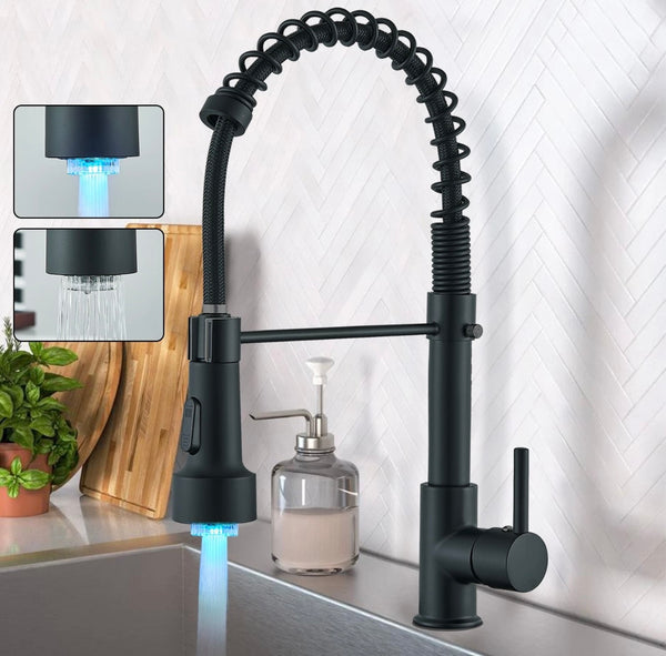 #1553 MATTE BLACK LED PULL-DOWN KITCHEN FAUCET WITH DUAL SPRAY HEAD