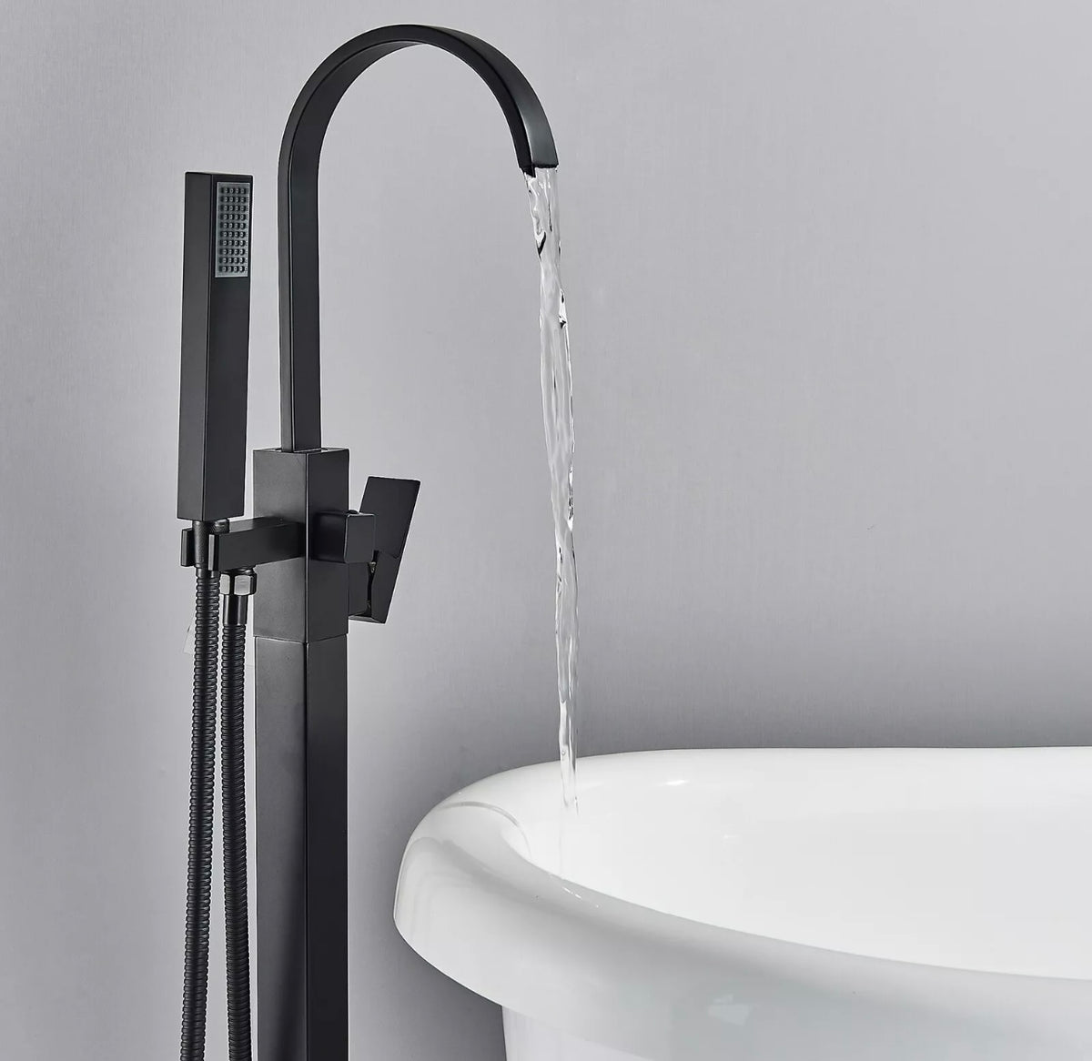WELLFOR Single-Handle Free Standing Floor Mount Waterfall Tub Filler Bathroom Tub Faucets With Handheld Shower In Matte Black Wb Ltfa001mb WELLFOR Single-Handle Free Standing Floor Mount Waterfall Tub Filler Bathroom Tub Faucets With Handheld Shower In Matte Black Wb Ltfa001mb