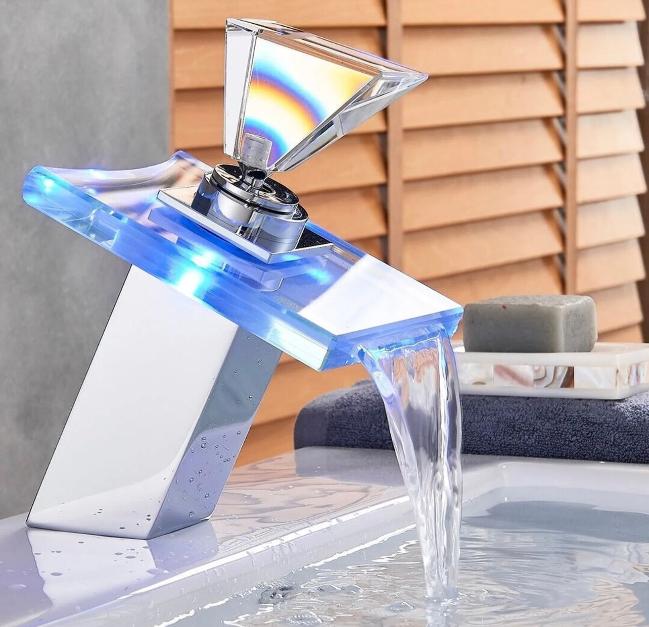 Chrome led glass waterfall vanity faucet