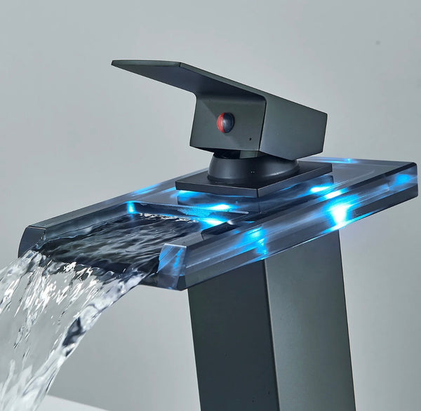 #1425 MATTE BLACK & LED GLASS WATERFALL VANITY FAUCET