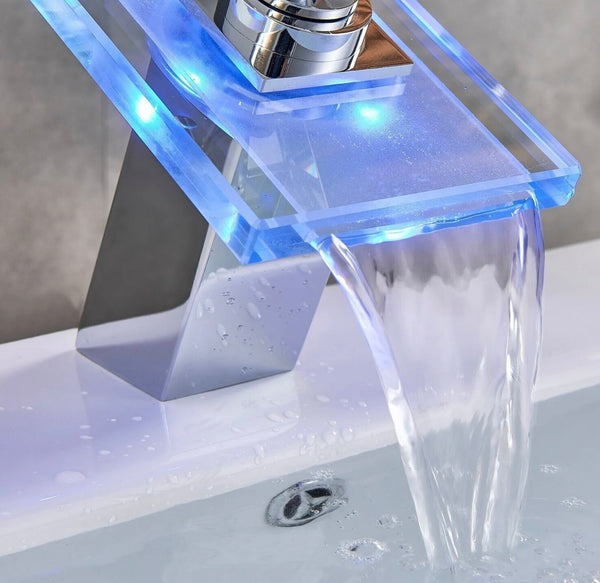 #1429 CHROME LED GLASS WATERFALL VANITY FAUCET