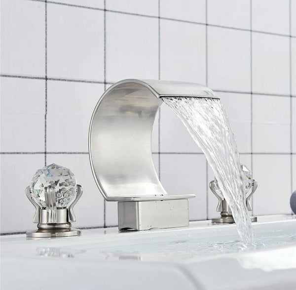 #1423 BRUSHED NICKEL 8 INCH WIDESPREAD WITH 2 CRYSTAL KNOBS HIGH ARC WATERFALL VANITY FAUCET