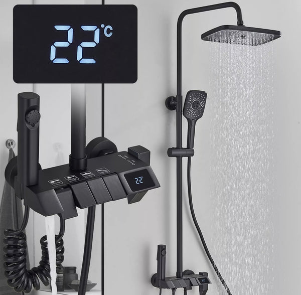 #1167 MATTE BLACK 4 IN 1 EXPOSED SHOWER SYSTEM SET LCD TEMP RAIN SHOWER HEAD COMBO OUTDOOR/INDOOR SHOWER FAUCET FIXTURES