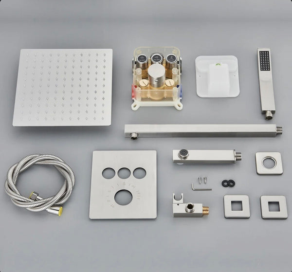 #1051 12-INCH BRUSHED NICKEL 3 FUNCTION SMART THERMOSTAT BUTTON PRESS SHOWER SYSTEM