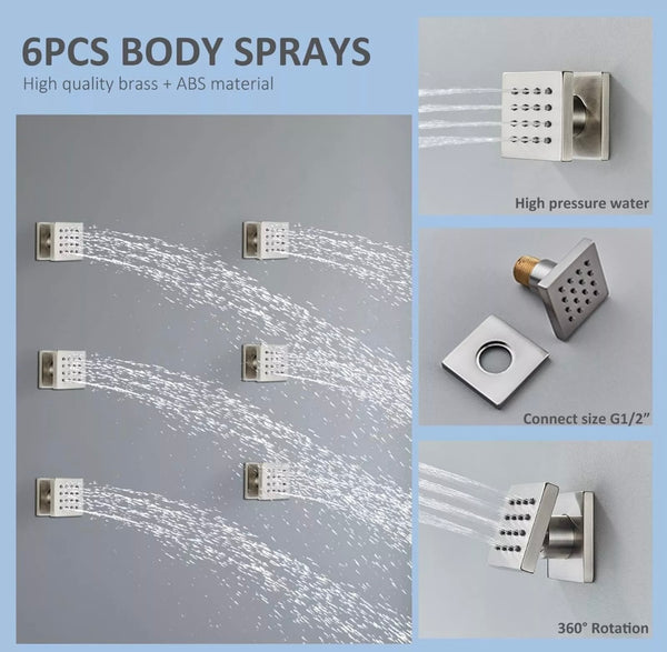 16x32 INCH BRUSHED NICKEL LED 3 FUNCTION CEILING MOUNT SHOWER SYSTEM WITH 6x MASSAGE JETS