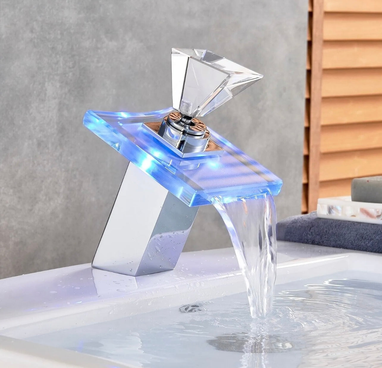 Chrome led glass waterfall vanity faucet