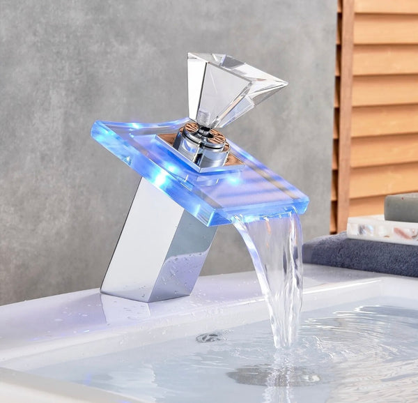 #1429 CHROME LED GLASS WATERFALL VANITY FAUCET