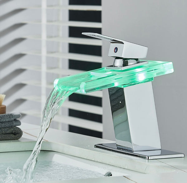 #1483 CHROME LED GLASS WATERFALL VANITY FAUCET