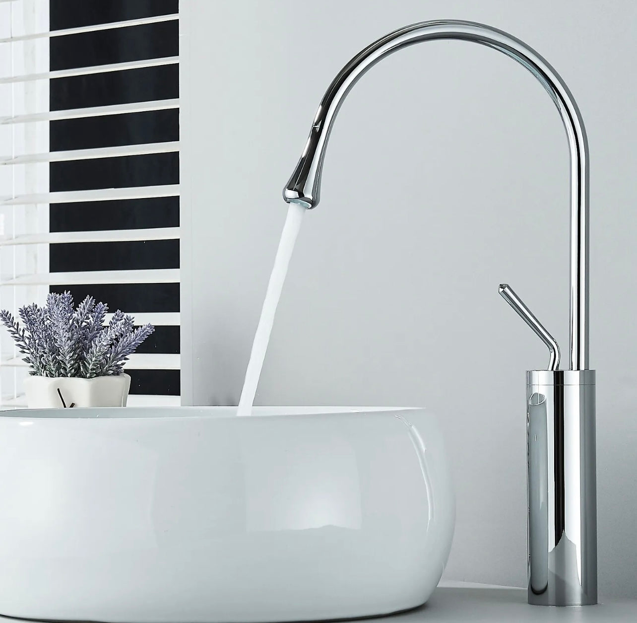 Chrome waterfall goose neck vessel faucet