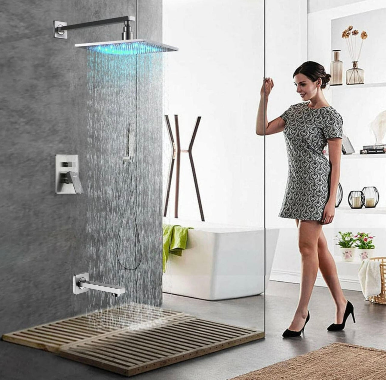 #1013 12-INCH LED BRUSHED NICKEL 3-FUNCTION SHOWER SET
