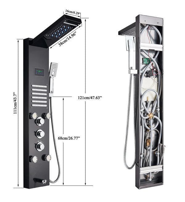 Stainless Steel LED Shower Panel 5-Funtion Tower Rain&Waterfall Massage Jets System Mixer