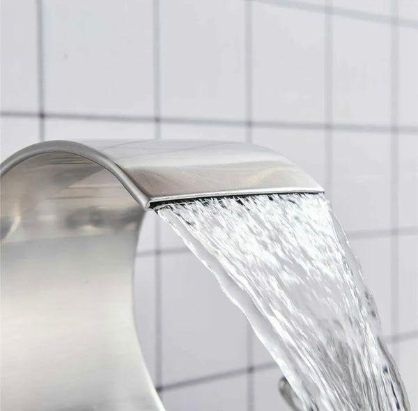 #1423 BRUSHED NICKEL 8 INCH WIDESPREAD WITH 2 CRYSTAL KNOBS HIGH ARC WATERFALL VANITY FAUCET