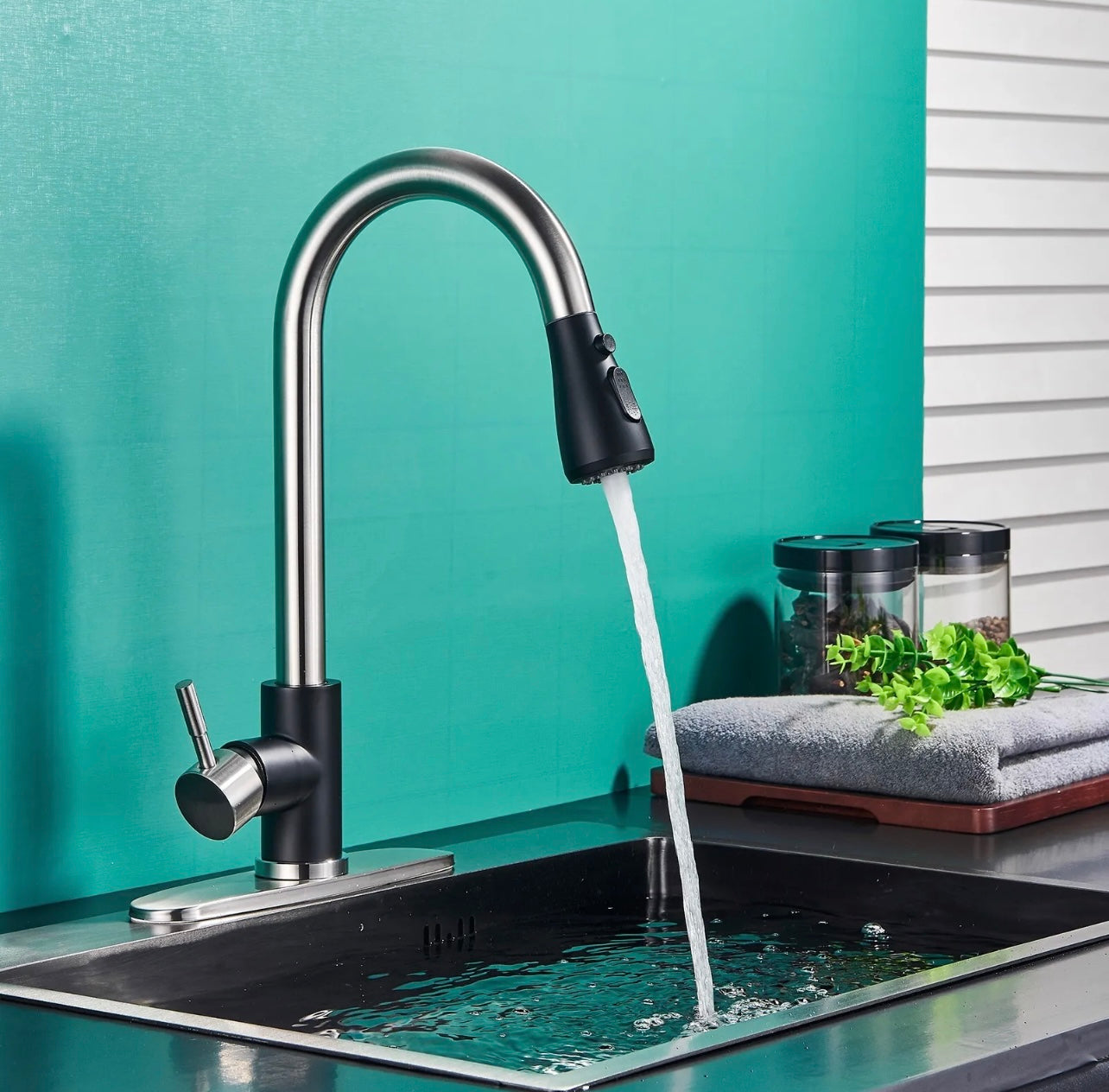 Stainless steel + black pull out kitchen faucet