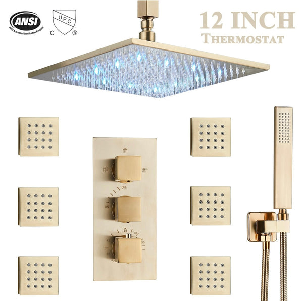 #1028 12-INCH LED BRUSHED GOLD CEILING MOUNT 3 FUNCTION SHOWER SET WITH 6X MASSAGE JETS