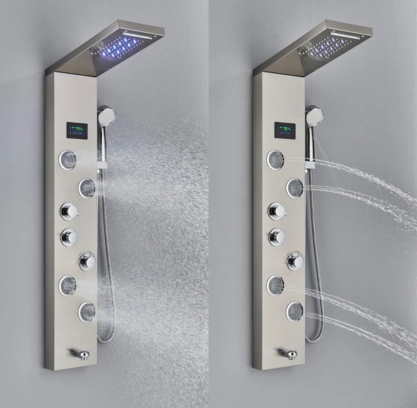 #1278 STAINLESS STEEL 5 FUNCTION RAINFALL & WATERFALL LED SHOWER PANEL TOWER MASSAGE SPRAY SYSTEM