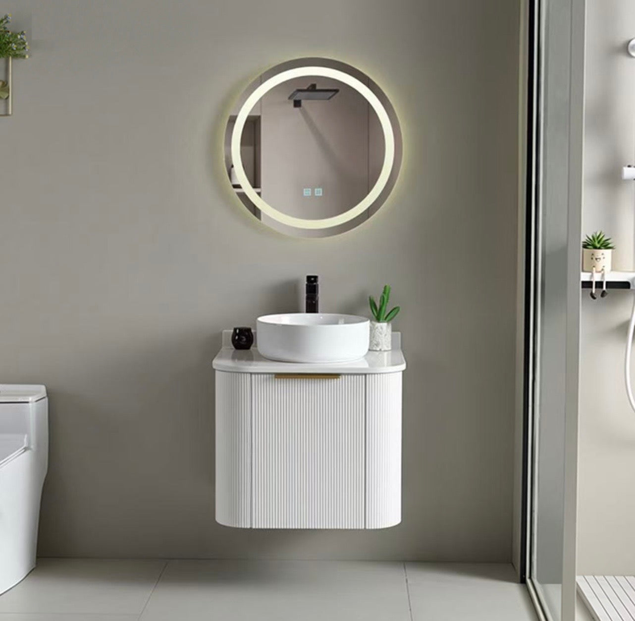 #1712 SG9246 23-Inch White Stripe Floating Vessel Sink Vanity Set with LED Mirror