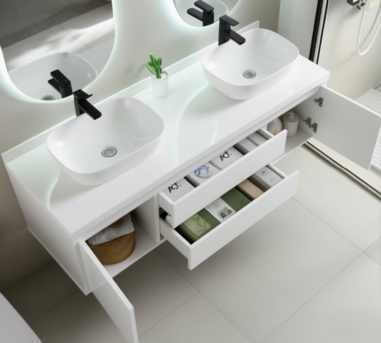 #1714 SG9249 48-Inch White Stripe His & Her Floating Vessel Sink Vanity Set with LED Mirrors