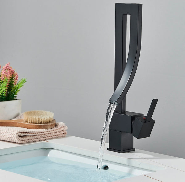 #1479 MATTE BLACK HIGH ARC WATERFALL VANITY FAUCET