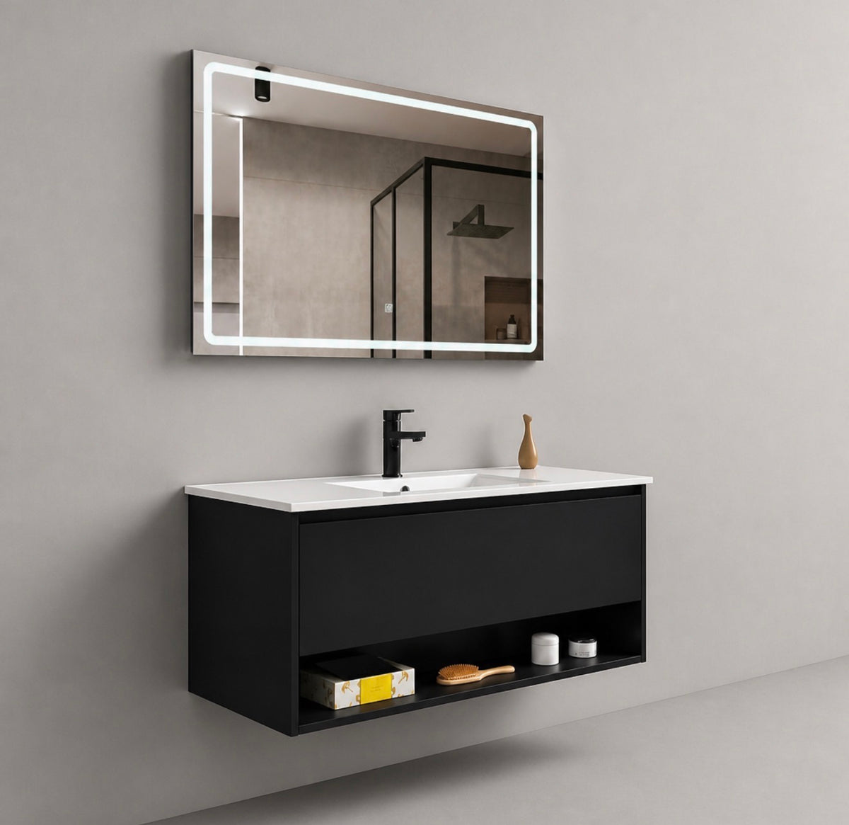 #1723 SG-9318 40-Inch Matte Black Floating Vanity Set with LED Mirror