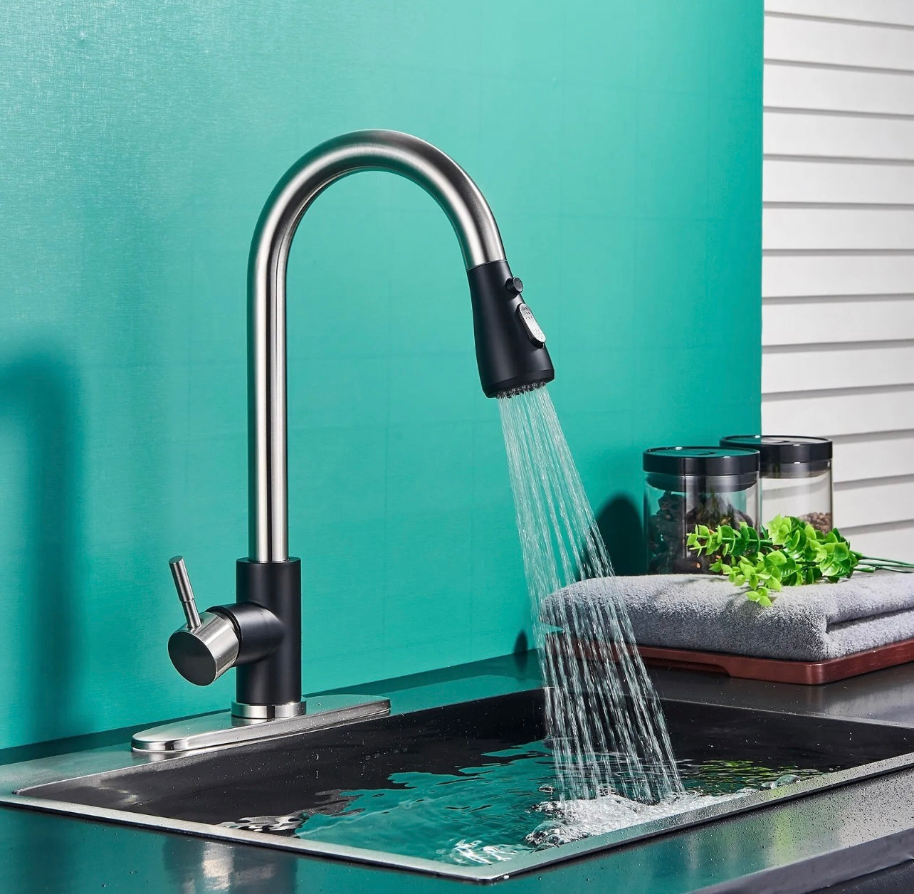 Stainless steel + black pull out kitchen faucet