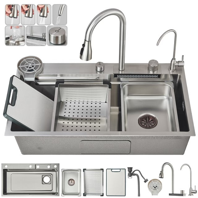 #1543 STAINLESS STEEL KITCHEN SINK COMBO WITH TAP WATER PULL-OUT FAUCET + PURIFIED WATER FAUCET, GLASS RINSER & MULTIPLE ACCESSORIES 31.5”