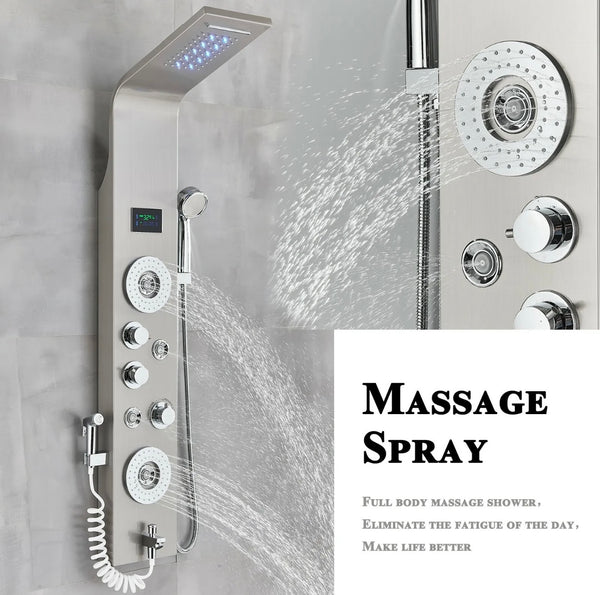 #1271 Stainless Steel 6-Function Rainfall & Waterfall LED Shower Panel Tower Massage Spray System