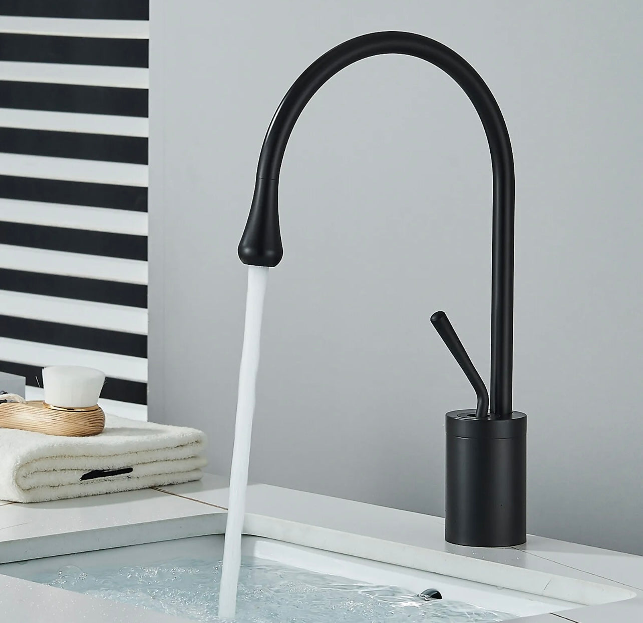 Matte black goose neck waterfall vanity faucet