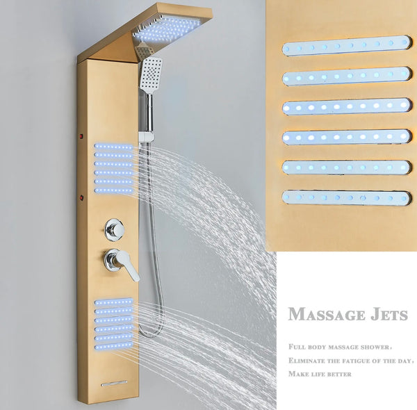 #1273 LED Rainfall Shower Panel Tower Massage Shower Faucet System Set Stainless Steel