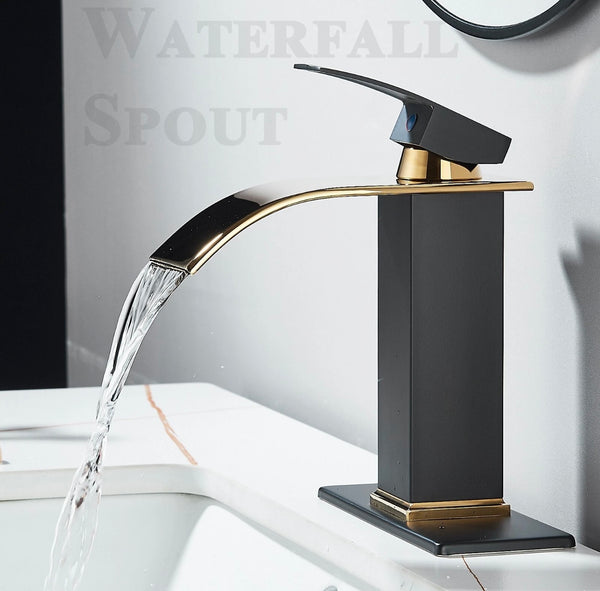 #1477 TWO TONE, BLACK & GOLD WATERFALL SPOUT VANITY FAUCET
