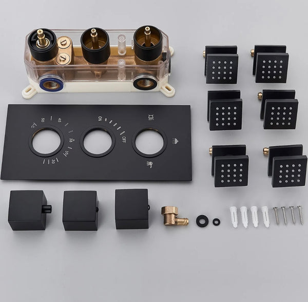 16x32 inch matte black led 3 function ceiling mount shower system with 6x massage jets