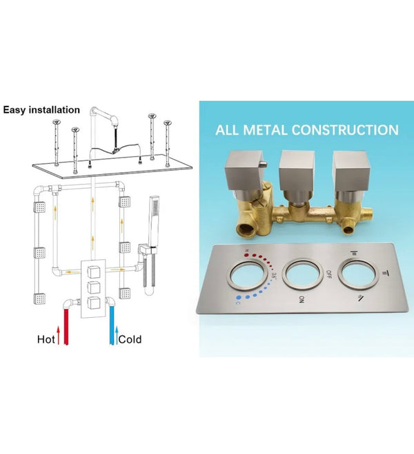 16x32 INCH BRUSHED NICKEL LED 3 FUNCTION CEILING MOUNT SHOWER SYSTEM WITH 6x MASSAGE JETS