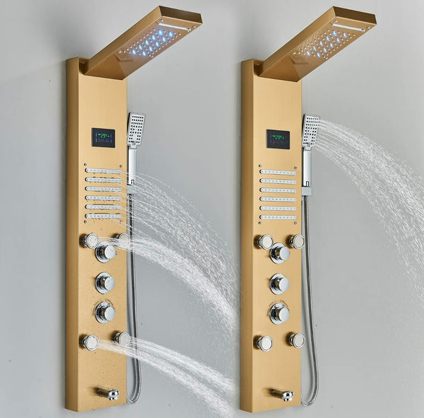 Stainless Steel LED Shower Panel 5-Funtion Tower Rain&Waterfall Massage Jets System Mixer
