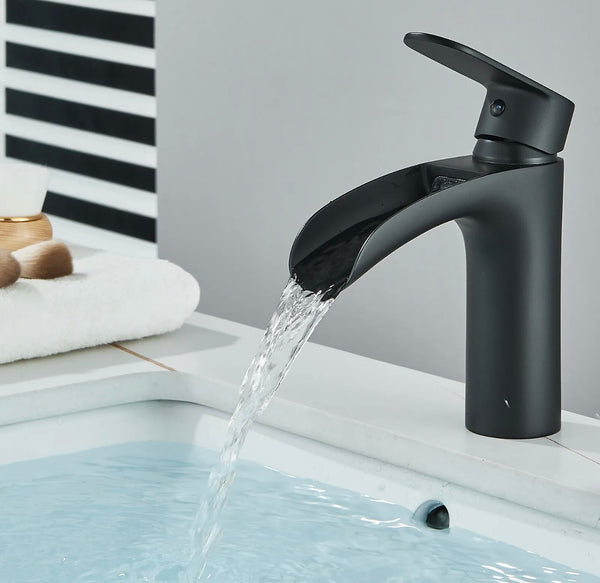 #1408 MATTE BLACK WATERFALL VANITY FAUCET WITH POPUP DRAIN